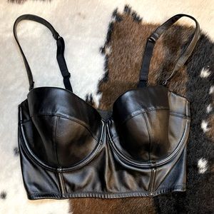 Black leather longline bra